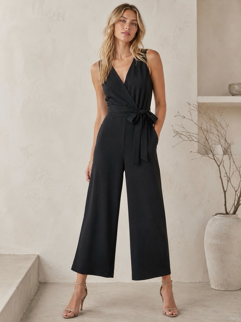 Black Faux Wrap Wide Leg Jersey Jumpsuit Tie Waist Quiet Luxury Minimalist M